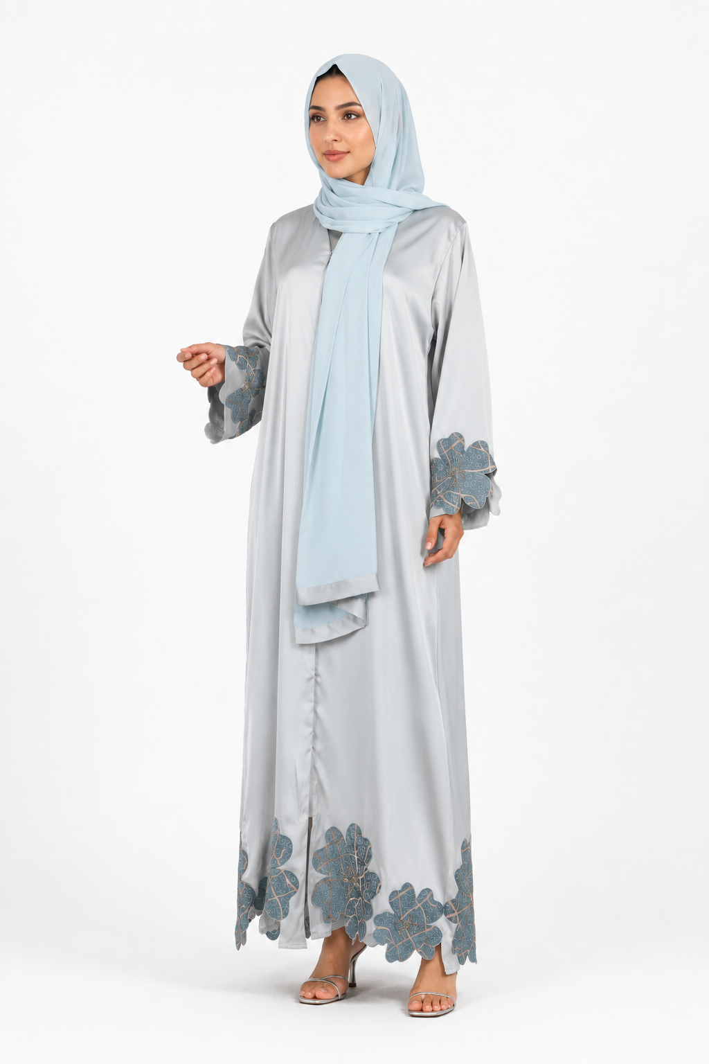 Silver Grey Floral Applique Front Open Abaya